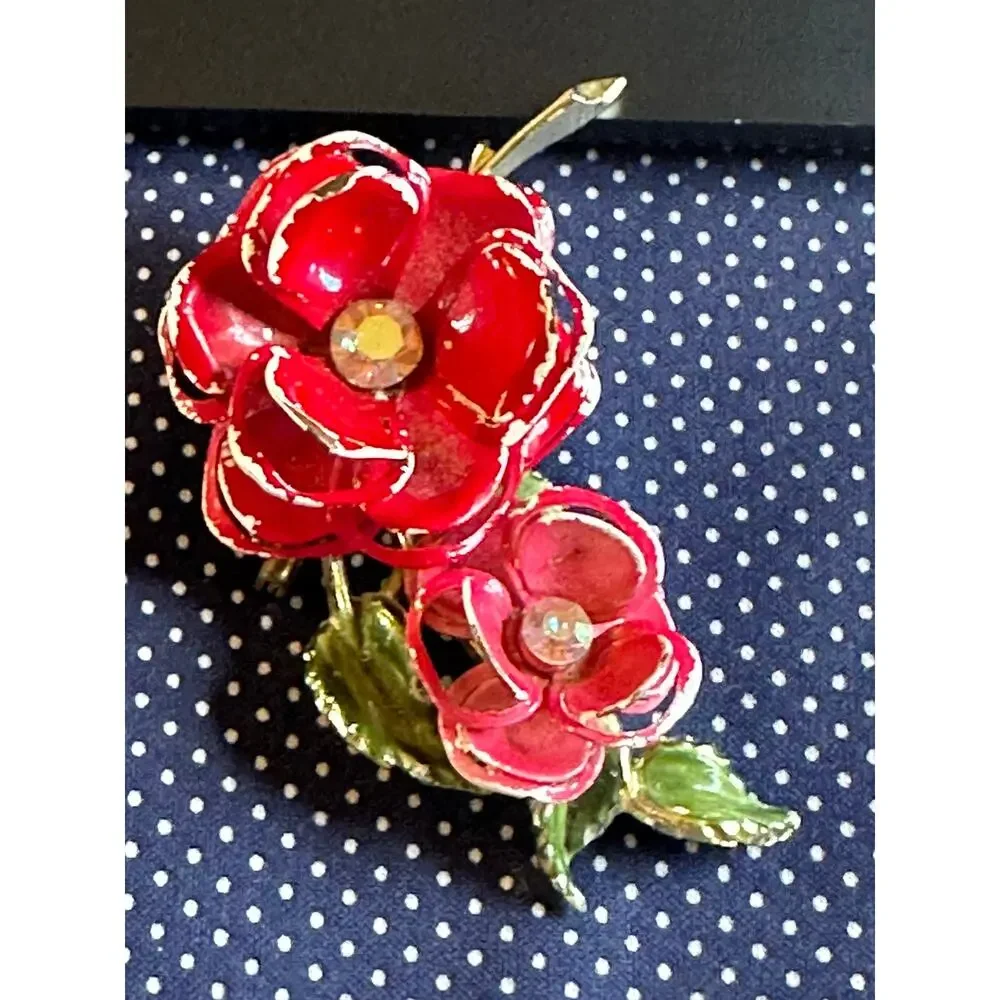 Vintage 3D Vendome Red Enamel Flower Brooch 1960's Esate Piece